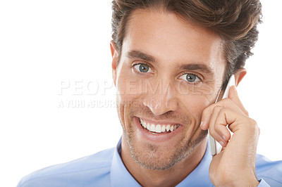 Buy stock photo Happy businessman, portrait and phone call for communication or conversation on a white studio background. Closeup of man or employee face smile on mobile smartphone for business discussion on mockup