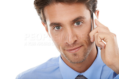 Buy stock photo Businessman, portrait and phone call for communication or conversation on a white studio background. Closeup of man or employee face smile with mobile smartphone for business discussion on mockup