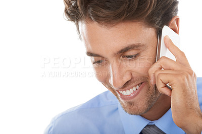 Buy stock photo Happy businessman, phone call and communication for conversation on a white studio background. Closeup of man or employee face smile with mobile smartphone for business discussion on mockup space