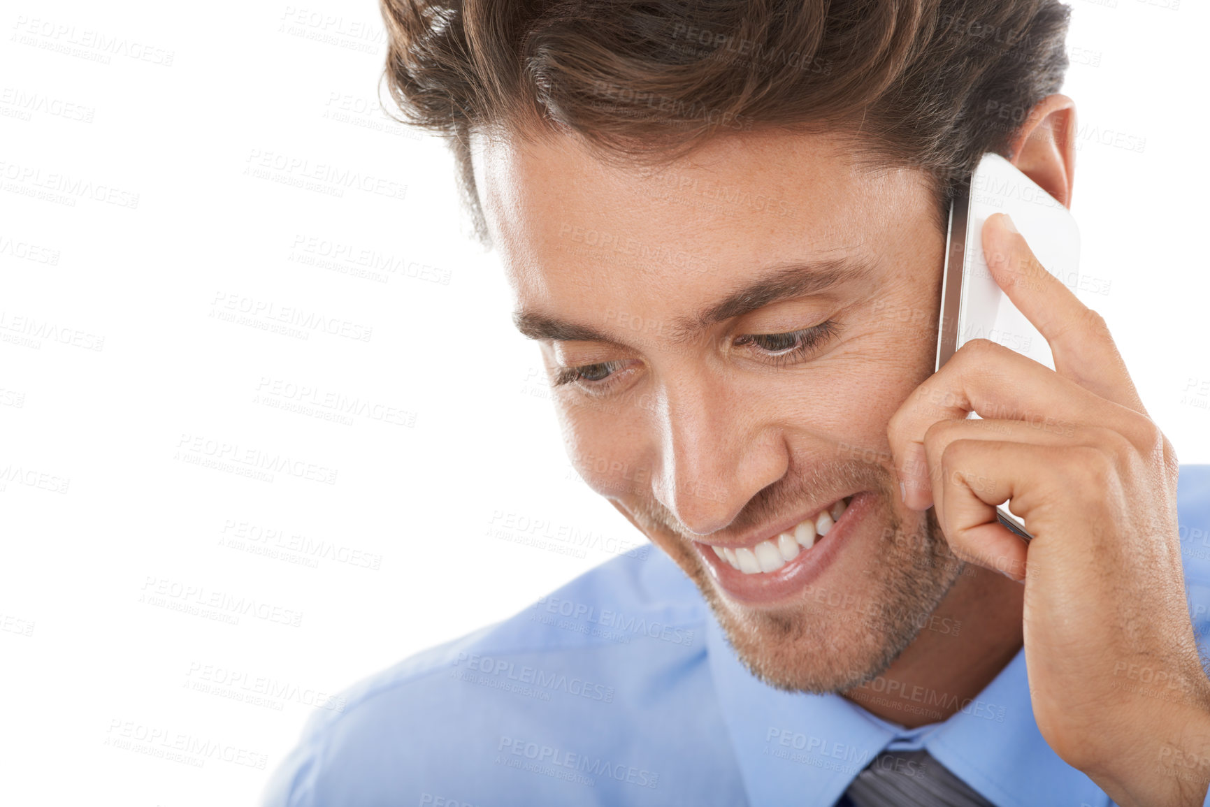 Buy stock photo Happy businessman, phone call and communication for conversation on a white studio background. Closeup of man or employee face smile with mobile smartphone for business discussion on mockup space