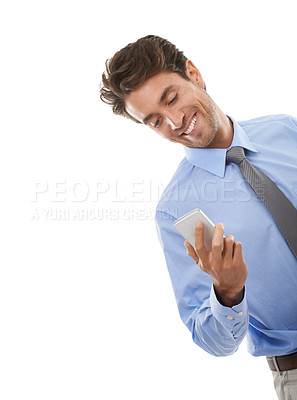 Buy stock photo Happy businessman, phone and social media for communication against a white studio background. Man or employee smile on mobile smartphone for online chatting, texting or research on mockup space