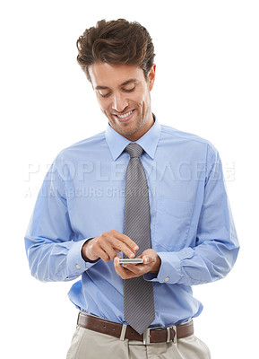 Buy stock photo Studio shot of a young businessman using a cellphone isolated on white