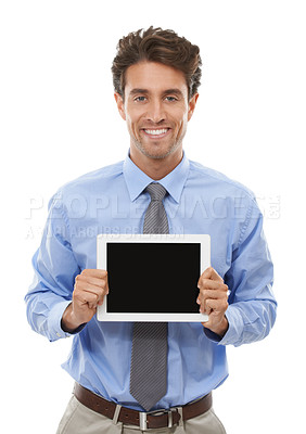 Buy stock photo Portrait, business man or advertising tablet screen in studio for deal, offer or sign up to newsletter on white background. Happy worker, digital app or mockup space for review, UX or ads coming soon