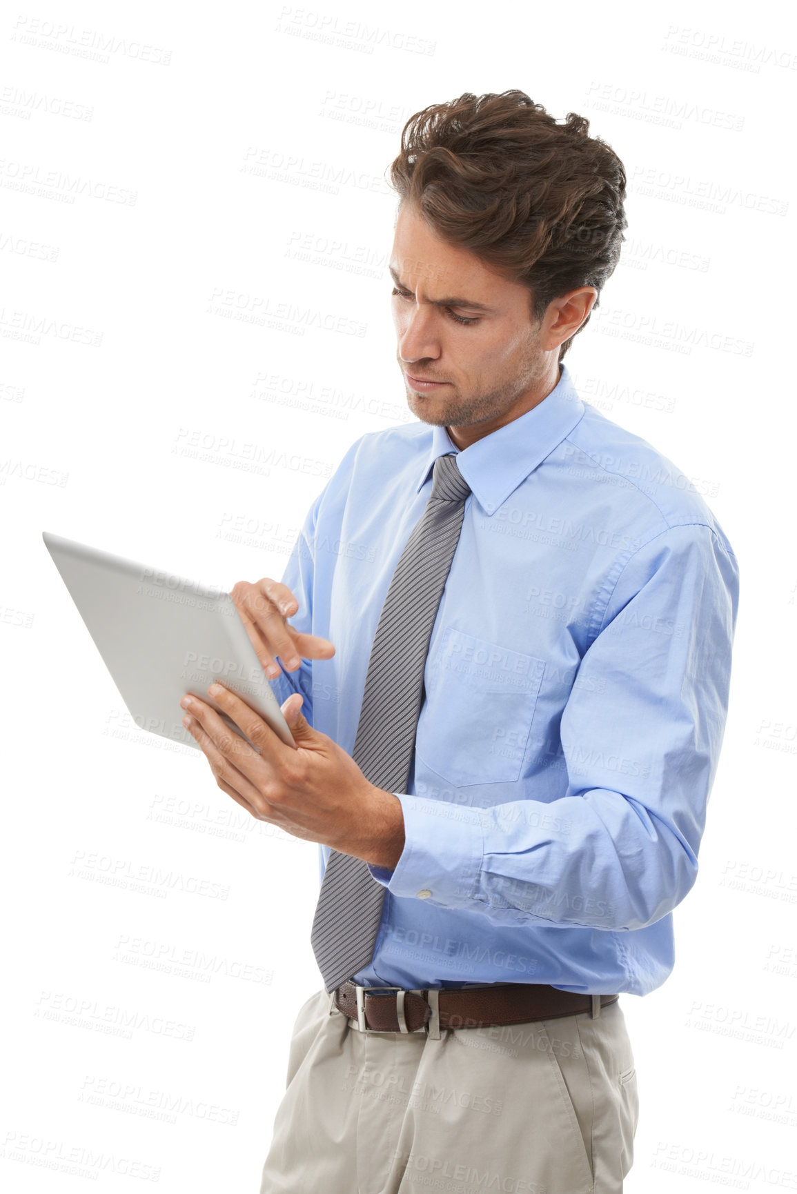 Buy stock photo Businessman, tablet and thinking in research, schedule or communication against a white studio background. Man or employee on technology for online search, networking or social media in planning