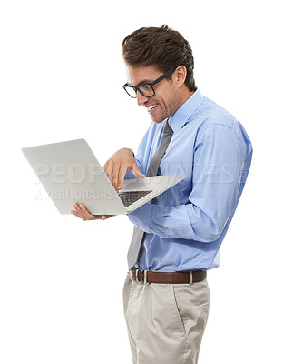 Buy stock photo Excited businessman, laptop and trading for finance, surprise or alert on a white studio background. Man, employee or nerd with computer for communication, networking or accounting on mockup space
