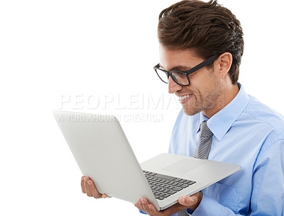 Buy stock photo Happy businessman, laptop and reading email, social media or networking on a white studio background. Man, employee or nerd with computer for communication, research or online search on mockup space