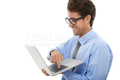 Buy stock photo Happy businessman, laptop and reading social media, email or networking on a white studio background. Man, employee or nerd with computer for communication, research or online search on mockup space
