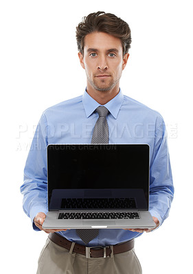 Buy stock photo Portrait, business man and advertising laptop screen for deal, offer or sign up to newsletter in studio on white background. Serious worker, computer or mockup space to launch UX ads, review or promo