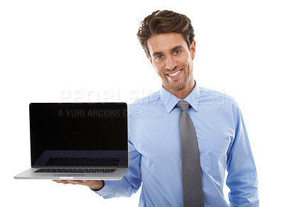 Buy stock photo Portrait, business man and mockup on laptop screen in studio for deal, offer and newsletter coming soon on white background. Happy worker, computer and UI space for sign up, review and advertising UX