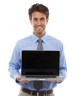 Buy stock photo Portrait, business man and laptop screen in studio for deal, offer and newsletter coming soon on white background. Happy worker, computer and mockup space for sign up, subscription and advertising UX