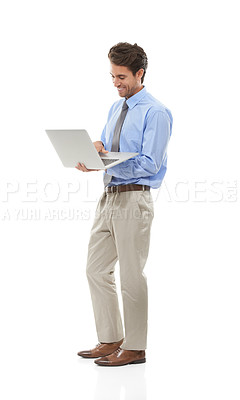 Buy stock photo Laptop, smile and report with business man in studio isolated on white background for email communication. Search, technology and website with happy young employee typing on computer for research