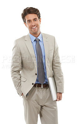 Buy stock photo Business man with laptop, IT consultant and portrait, software upgrade in studio with technology on white background. Network, app development or tech support with connection, internet and programmer
