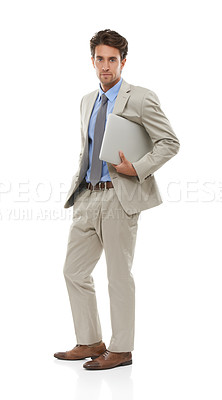 Buy stock photo Man with laptop, IT consultant and portrait, software upgrade in studio with technology on white background. Network, app development or tech support business with connection, web and cyber security