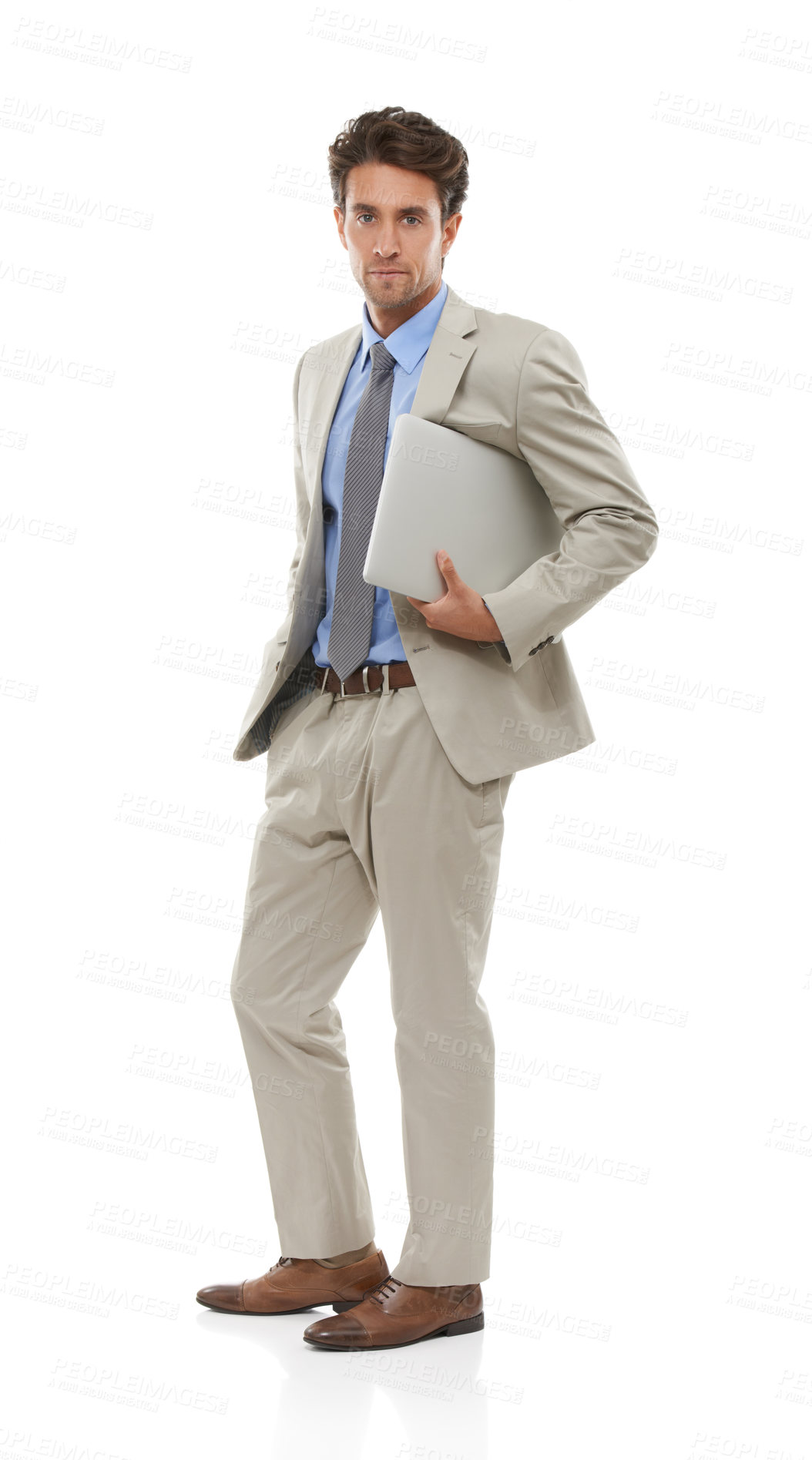 Buy stock photo Man with laptop, IT consultant and portrait, software upgrade in studio with technology on white background. Network, app development or tech support business with connection, web and cyber security