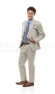 Buy stock photo Studio shot of a young businessman holding a laptop isolated on white