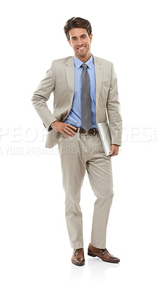 Buy stock photo Happy man with laptop, corporate IT consultant and portrait, software upgrade in studio with technology on white background. Network, app development or tech support for connection and cyber security