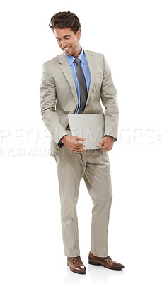 Buy stock photo Businessman, laptop and thinking or happy in studio with internet and communication for startup career. Entrepreneur, corporate and person with technology and smile for networking on white background