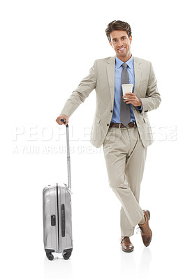 Buy stock photo Portrait, travel and suitcase with business man drinking coffee in studio isolated on white background. Smile, luggage and caffeine with happy employee in suit at airport for journey or trip