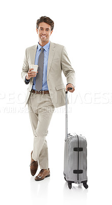 Buy stock photo Business, man and travel or suitcase in studio with portrait and happy for coffee, meeting or trip. Entrepreneur, corporate professional and face with smile for journey or career on white background