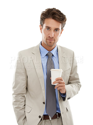 Buy stock photo Businessman, portrait or serious in studio with coffee for morning takeaway, caffeine break or energy. Entrepreneur, corporate professional and face with confidence and beverage on white background