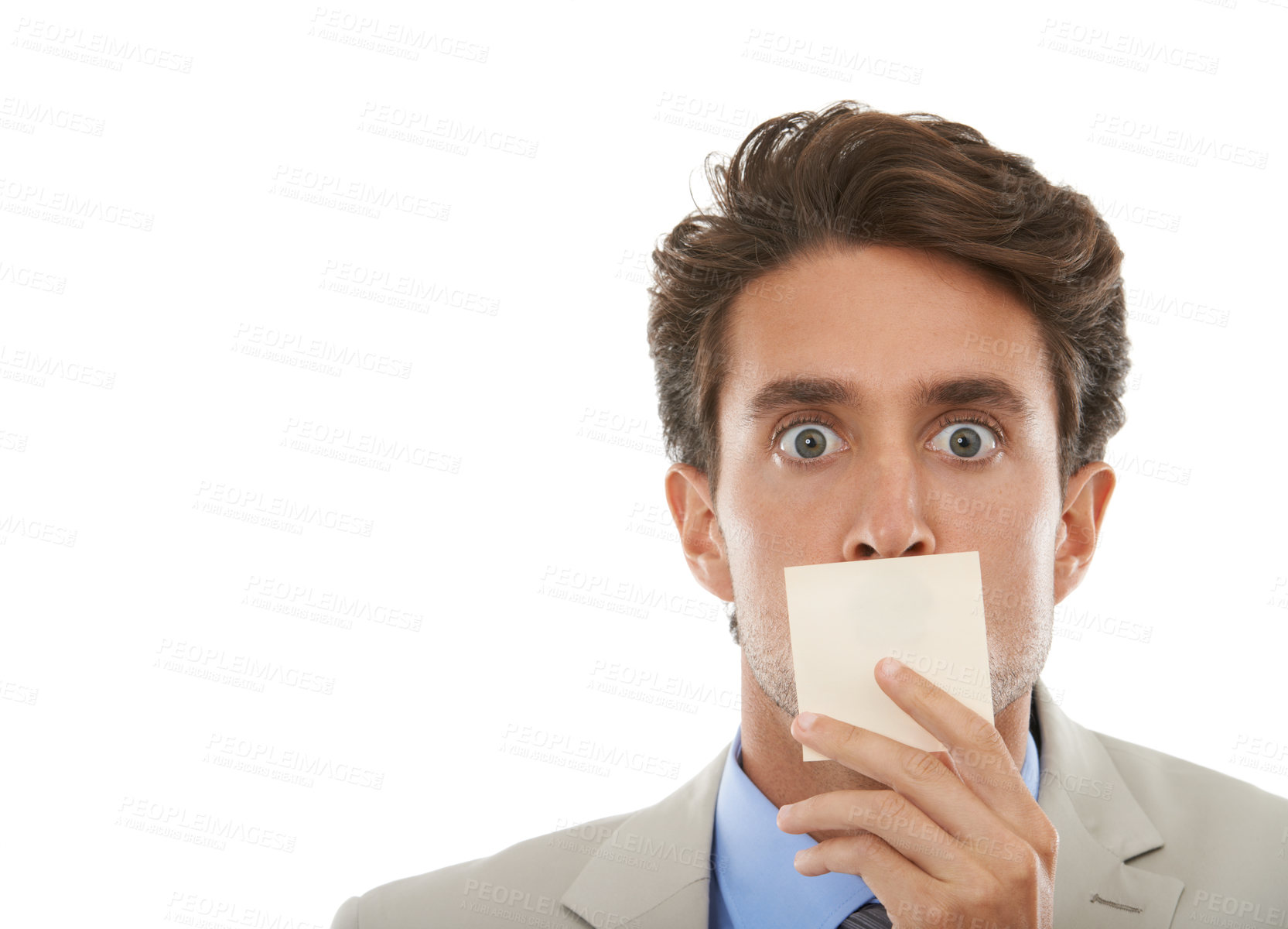 Buy stock photo Business, man and sticky note on face in studio with surprise, shocked or wow for secret or mockup space. Entrepreneur, paper and person or mouth with censored, silence and victim in white background