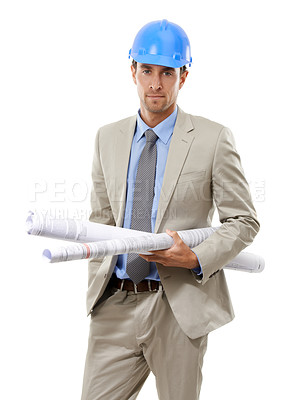Buy stock photo Businessman, portrait and architect with blueprint or hard hat for safety or planning on a white studio background. Man, contractor or engineer with documents for architectural design or floor plan