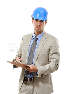 Buy stock photo Businessman, portrait and architect with clipboard or hard hat for signing or inspection on a white studio background. Man, contractor or engineer with documents for architecture or construction