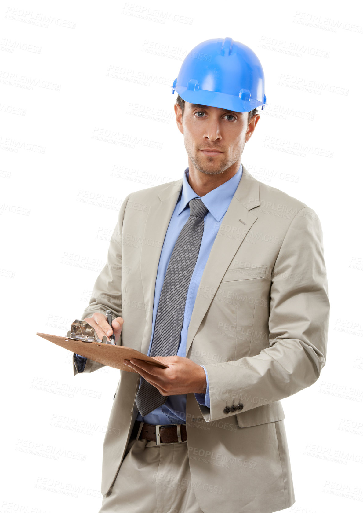 Buy stock photo Businessman, portrait and architect with clipboard or hard hat for signing or inspection on a white studio background. Man, contractor or engineer with documents for architecture or construction