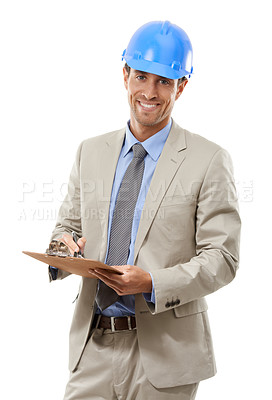 Buy stock photo Happy businessman, portrait and architect with clipboard or hard hat for signing or inspection on a white studio background. Man, contractor or engineer with documents in architecture or construction