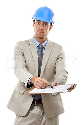 Buy stock photo Businessman, portrait and clipboard of architect for signing contract or agreement on a white studio background. Man, contractor or engineer with document for permission, architecture or construction