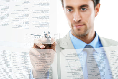 Buy stock photo Businessman, contract and digital signature or documents for agreement on a white studio background. Man or employee and pen writing on overlay or hologram for reading, policy or futuristic interface