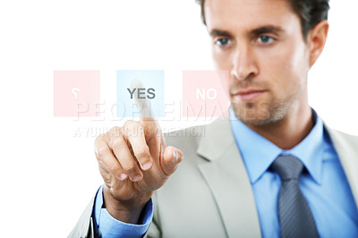 Buy stock photo Businessman, UI and touching hologram with yes icon for decision, question or interaction on mockup space. Man or employee with display for UX, choice or selection against a white studio background