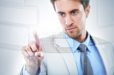 Buy stock photo Businessman, UI and touching digital hologram for future interaction on mockup space. Man or employee with display for UX, choice or selection on futuristic interface, blocks or business connection