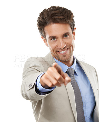 Buy stock photo Happy businessman, portrait and pointing to you for choice or opportunity against a white studio background. Man or employee smile for selection in job hiring, promotion or career recruiting decision