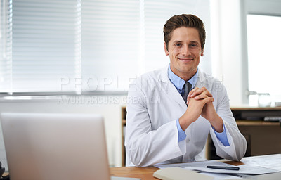 Buy stock photo Smile, confident and portrait of doctor in his office for consultation with laptop and positive attitude. Happy, technology and professional young male healthcare worker at desk in medical clinic.