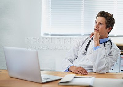 Buy stock photo Laptop, thinking and man doctor in his office for consultation with brainstorming for diagnosis treatment. Ideas, computer and professional young male healthcare worker with decision face at hospital