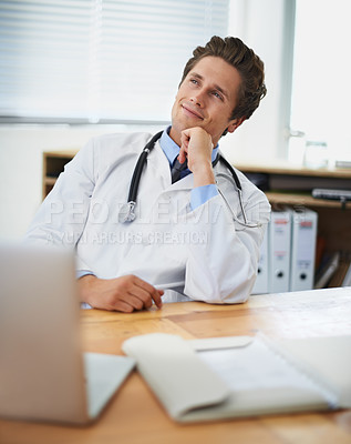 Buy stock photo Computer, thinking and man doctor in his office for consultation with brainstorming for diagnosis treatment. Ideas, laptop and professional young male healthcare worker with decision face at hospital