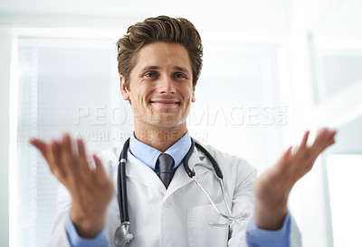Buy stock photo Welcome, happy and man doctor in office for greeting hello at a medical consultation at clinic. Smile, professional and young male healthcare worker with positive attitude in a medicare hospital.