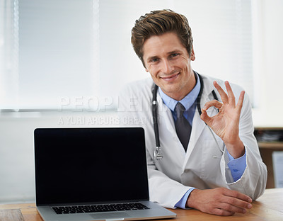 Buy stock photo Portrait of a young doctor giving his approval to a blank laptop screen