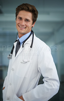 Buy stock photo Smile, pride and portrait of man doctor with stethoscope for positive, good and confident attitude. Happy, career and professional young male healthcare worker in medical office of hospital or clinic