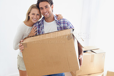 Buy stock photo Smile, boxes and portrait of couple in new home living room for unpacking and moving together. Happy, love and young man and woman from Australia with cardboard packages in home or apartment.