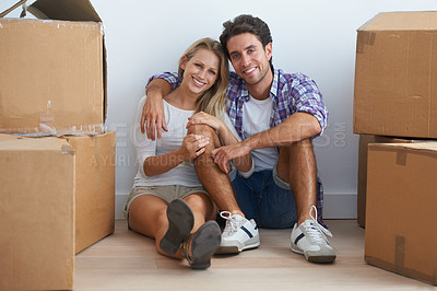 Buy stock photo Smile, love and portrait of couple with boxes in new home living room for unpacking and moving together. Happy, relax and young man and woman from Australia with cardboard packages in apartment.