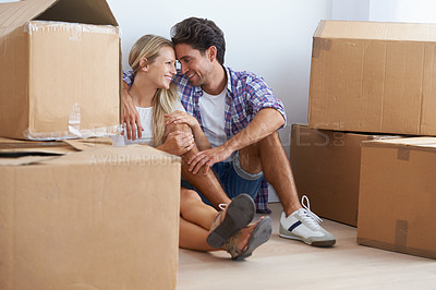 Buy stock photo Couple, boxes and happy with hug for real estate, new home or property investment with romance or love. Moving, man and woman with smile, care and embrace for fresh start, achievement and dream house