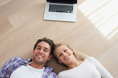 Buy stock photo Happy couple, portrait and living room floor with laptop, marriage and relax for love, home and tech. Wife, husband and smile for commitment, bonding together and care for relationship, man or woman
