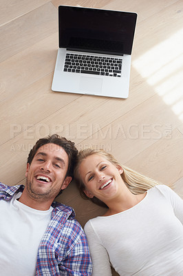 Buy stock photo Couple, portrait and living room floor with laptop, marriage and relax for love, home and happy. Wife, husband and smile for commitment, bonding together and care for relationship, man or woman

