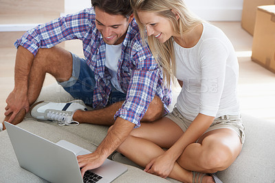 Buy stock photo Couple, smile and laptop on floor in home for movie, social media or web streaming with bonding and love. Technology, man or woman on ground with computer pc for internet scroll and tv show for care 