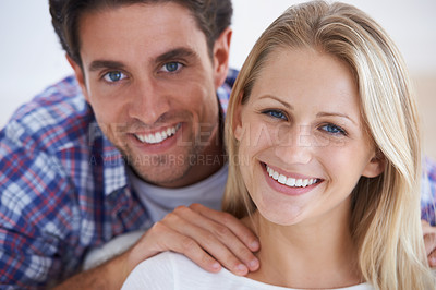 Buy stock photo Happy couple, portrait and touch with face, marriage and embrace for love, house and couch. Wife, husband and smile for commitment, bonding together and care for relationship, man and woman
