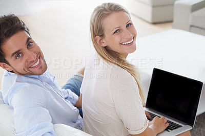 Buy stock photo Portrait of happy couple, laptop or mockup for home planning, research or typing online. Information, back and people screen for advertising space or marketing for website sign up or registration