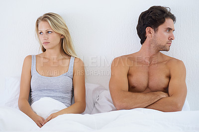 Buy stock photo Ignore, bedroom or angry couple in fight with stress for marriage problem, breakup or bad communication. Home, toxic or frustrated people in conflict or betrayal of cheating crisis, drama or divorce