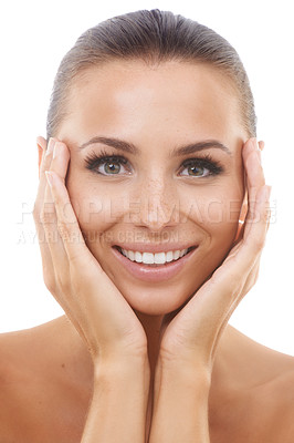 Buy stock photo Portrait of happy woman, natural or skincare in studio for wellness with cosmetics, face or healthy glow. Facial dermatology, confident lady or model with smile or beauty results on white background